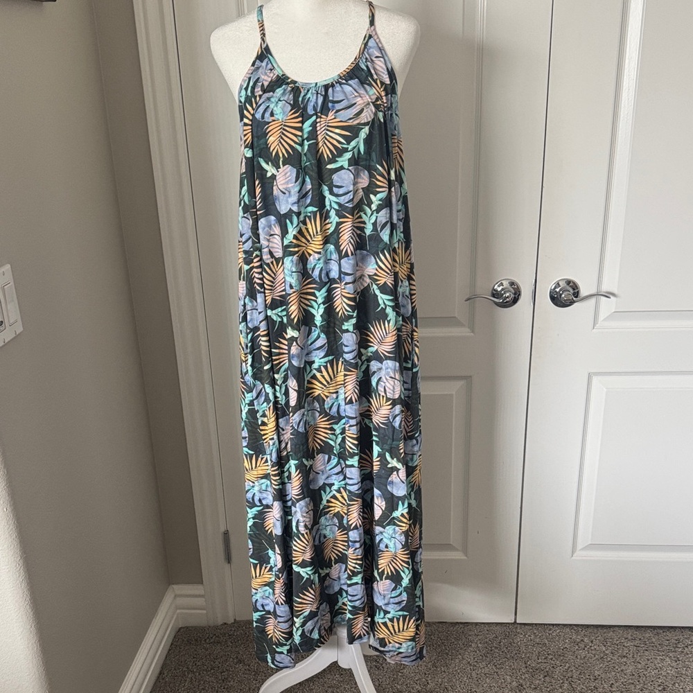 Tropical Leaf Print Maxi Dress - Black with Pastel Accents